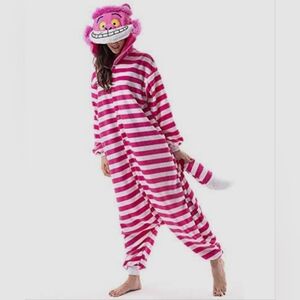 Large (Juniors) Chesire Cat Pajama Onesie Pink White Striped